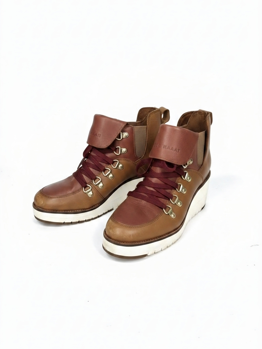 Cole Haan Brown Leather Wedge Lace Up Boots Womens Size 6